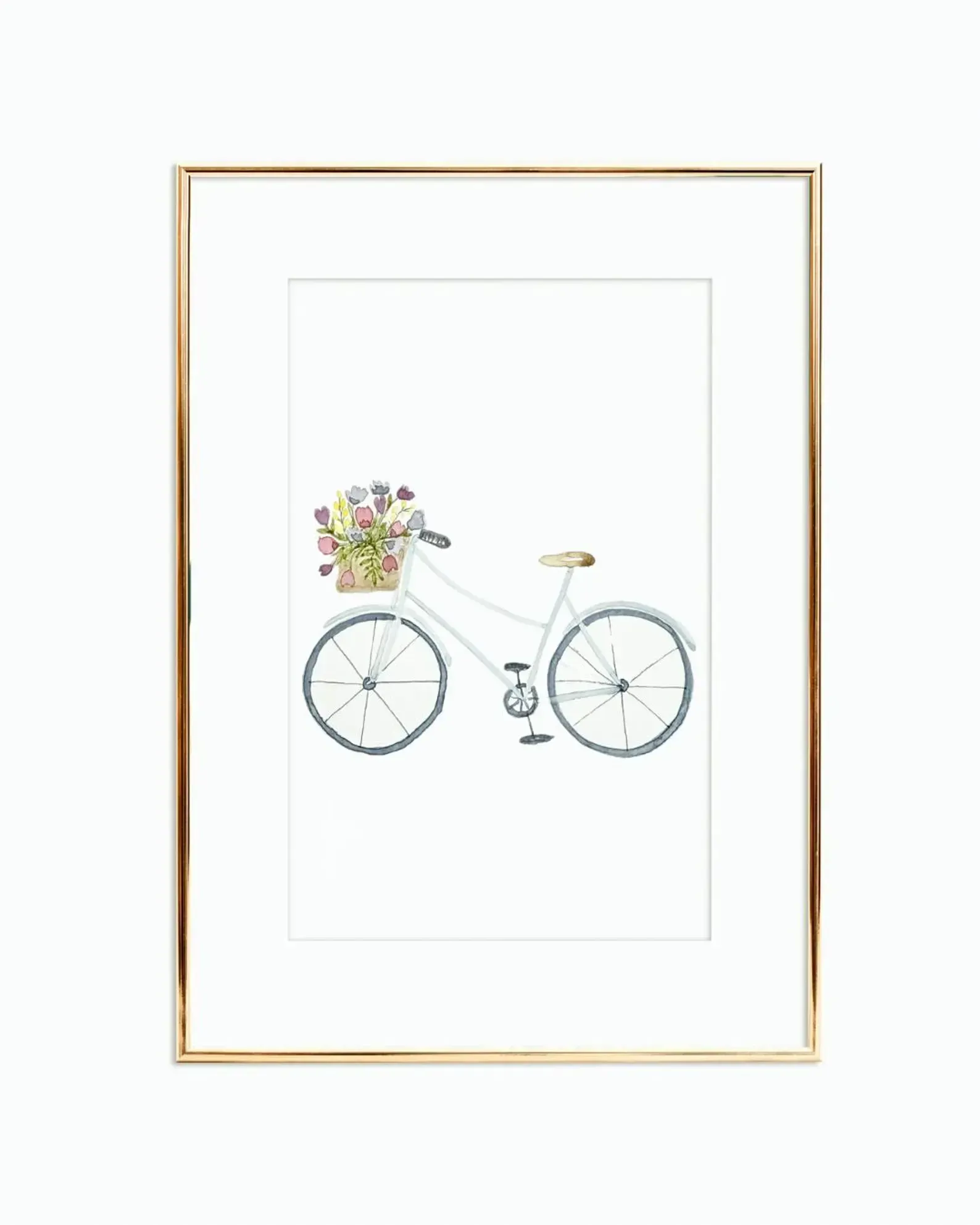 Watercolor bicycle with basket of flowers, framed in gold.