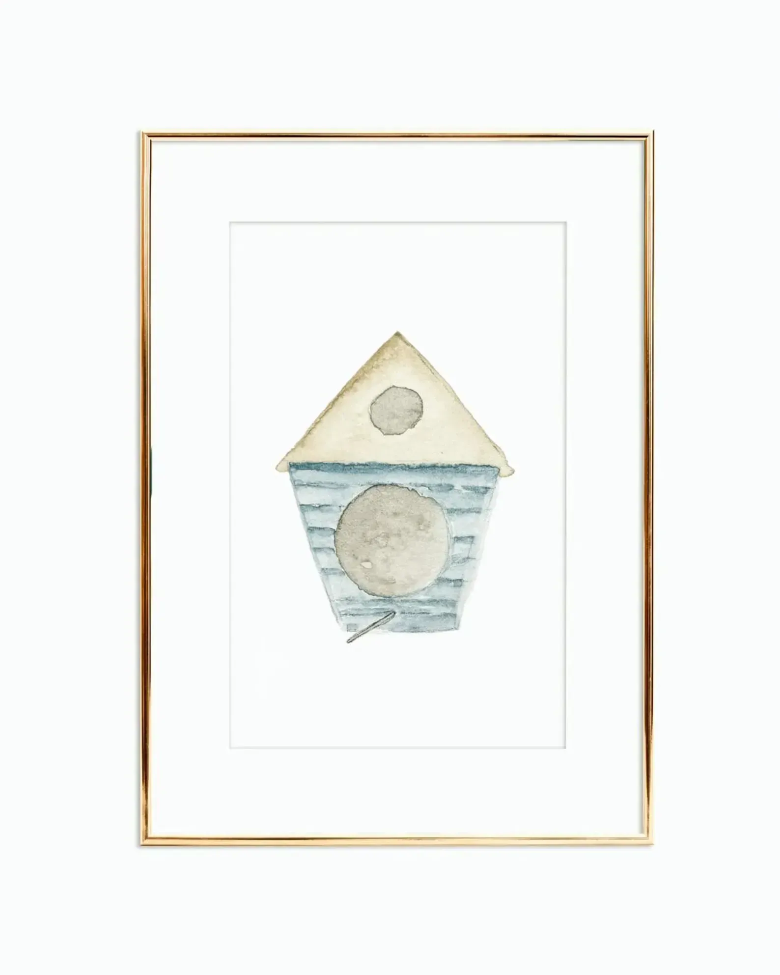 Watercolor birdhouse in gold frame, pale blue and tan colors on white background.