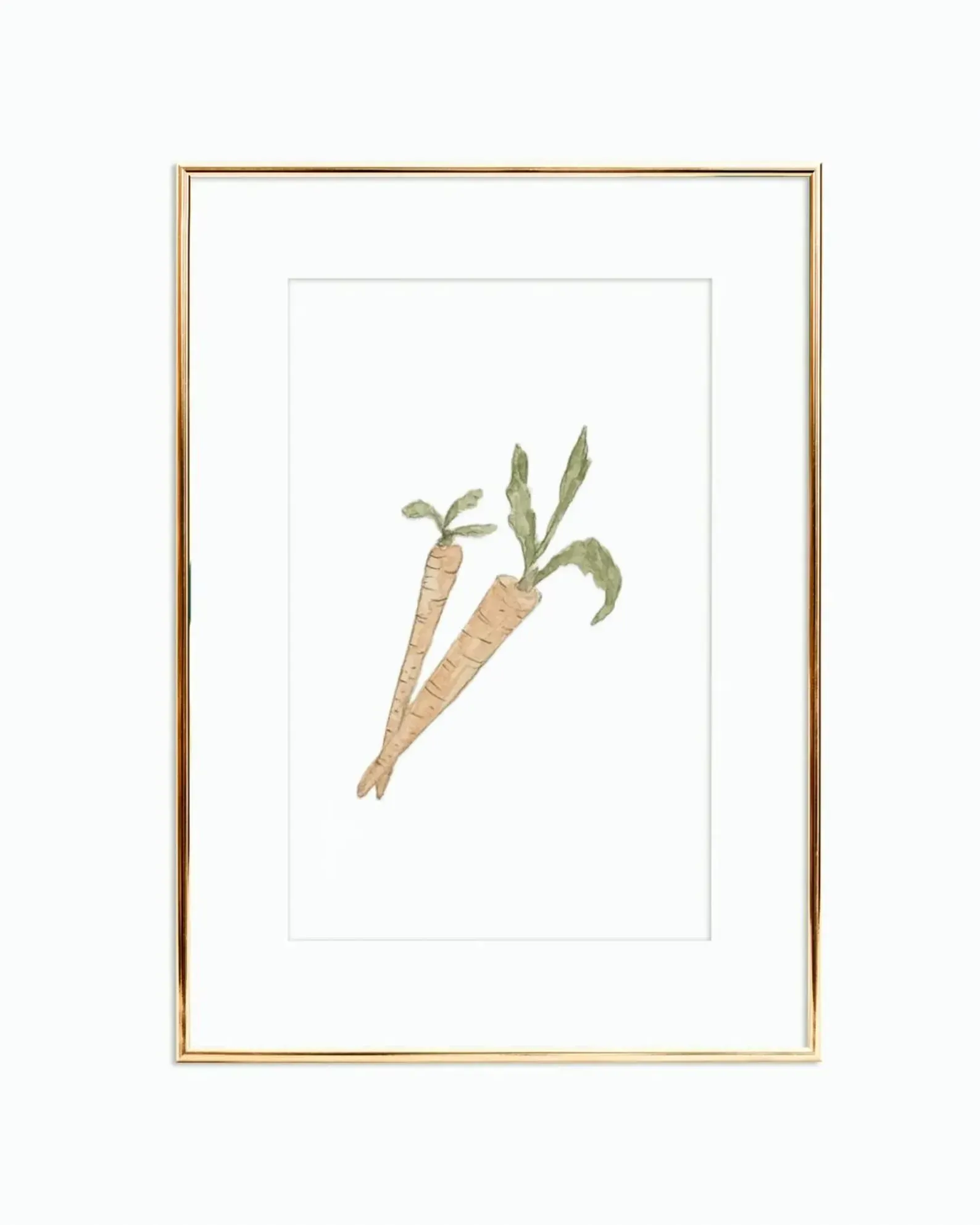 Two watercolor carrots with green tops, framed in gold.