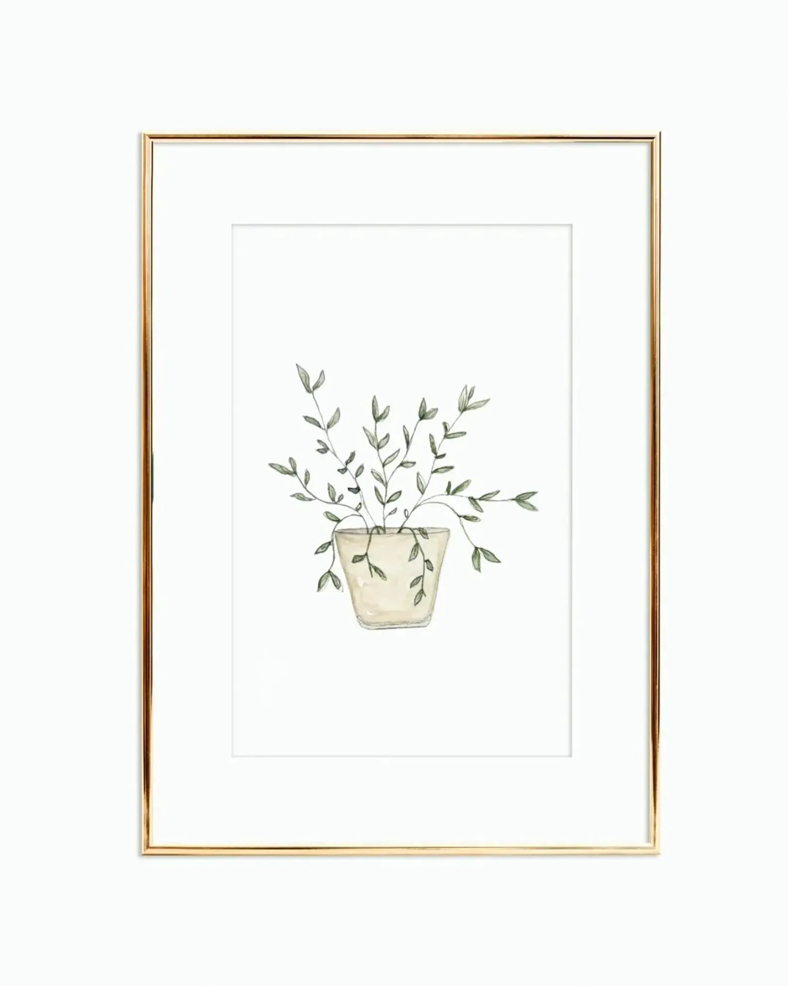Watercolor painting of a potted plant with green leaves, in a gold frame.