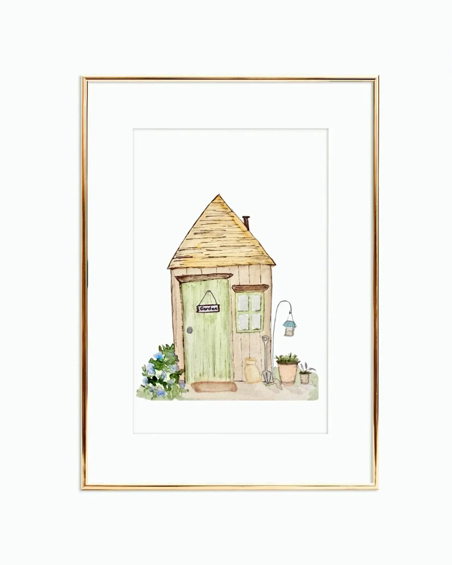 Watercolor illustration of a small wooden shed with a green door, surrounded by plants, in a gold frame.