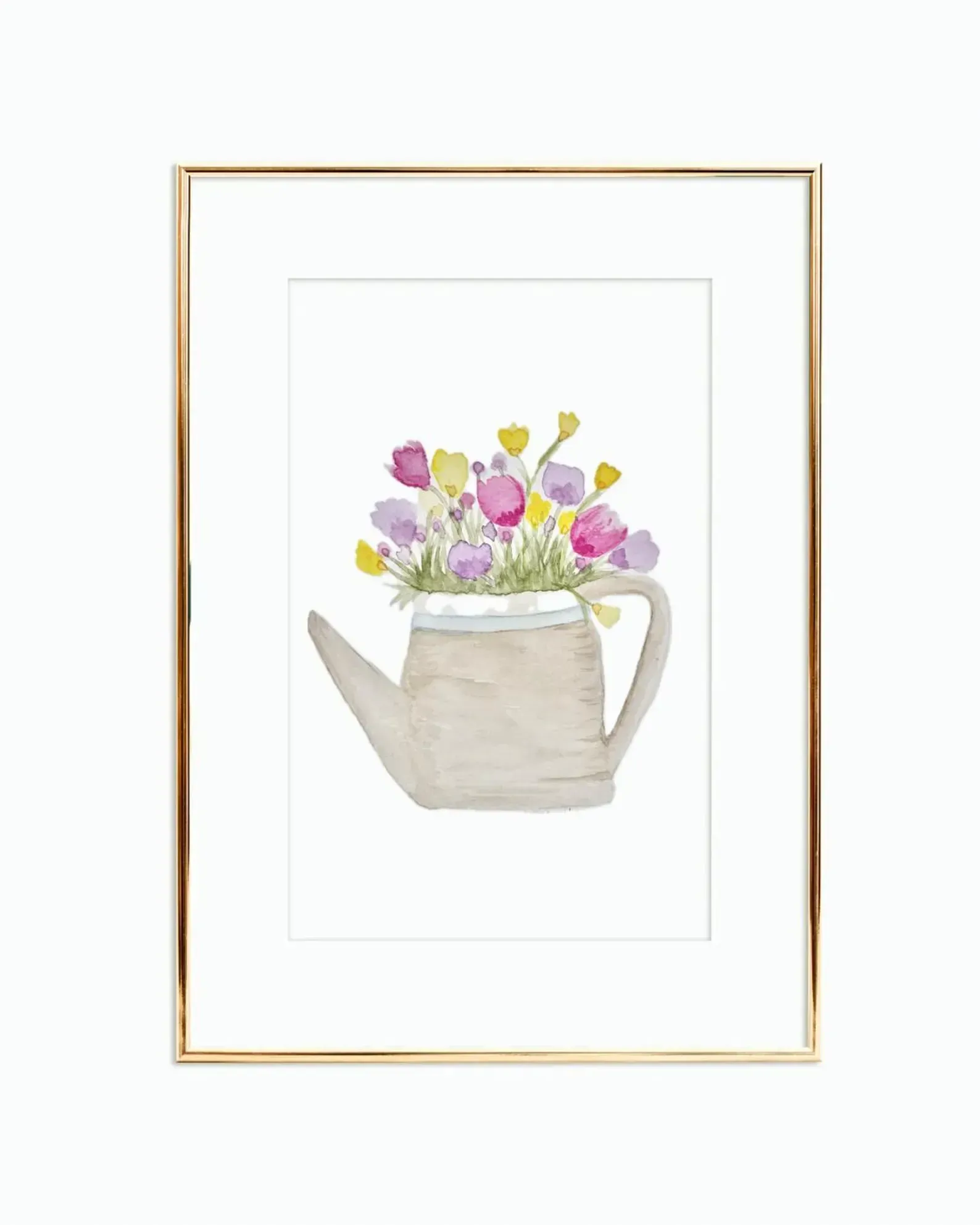 Watercolor painting of colorful flowers in a watering can, framed in gold.