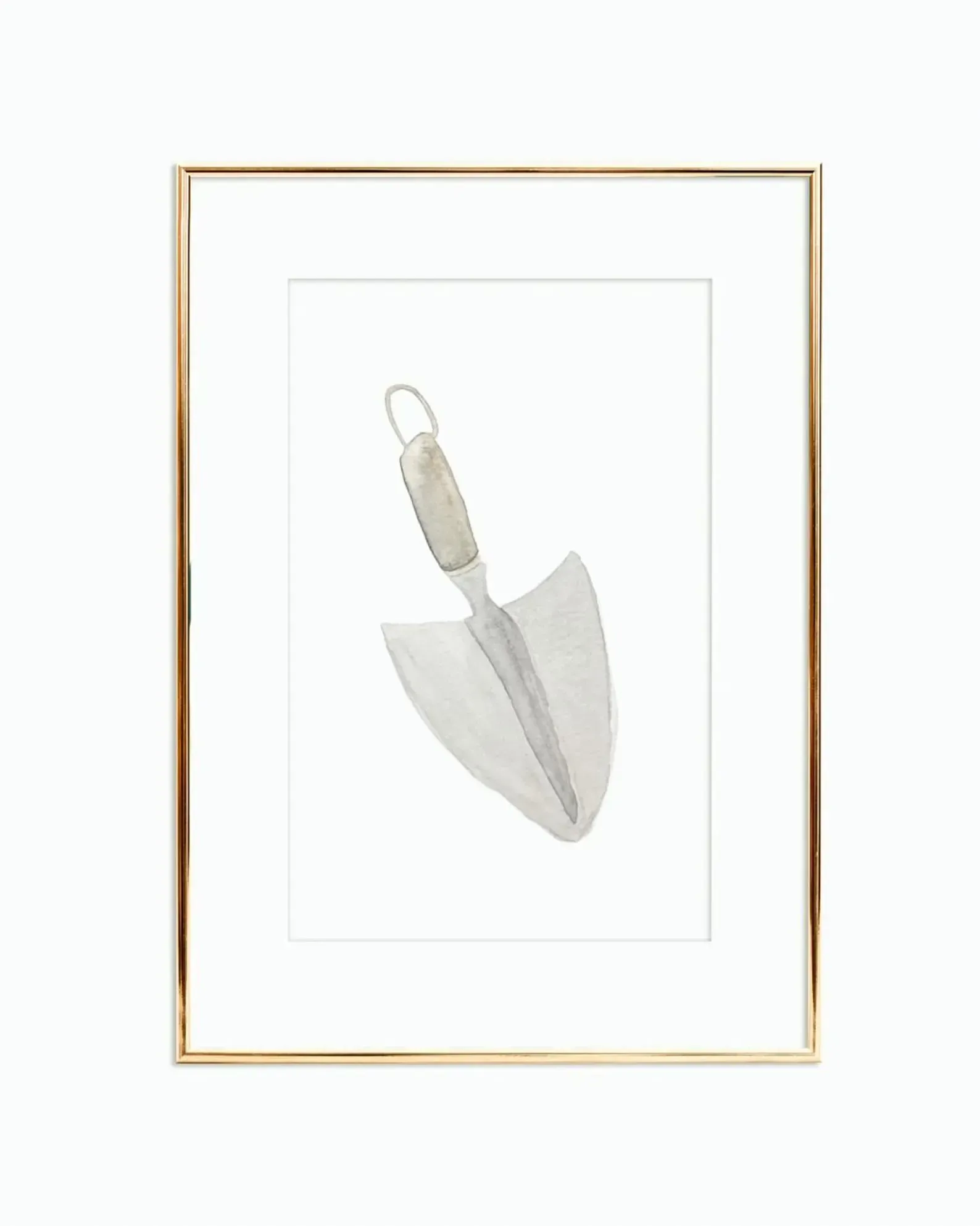 Watercolor painting of a trowel in a gold frame.