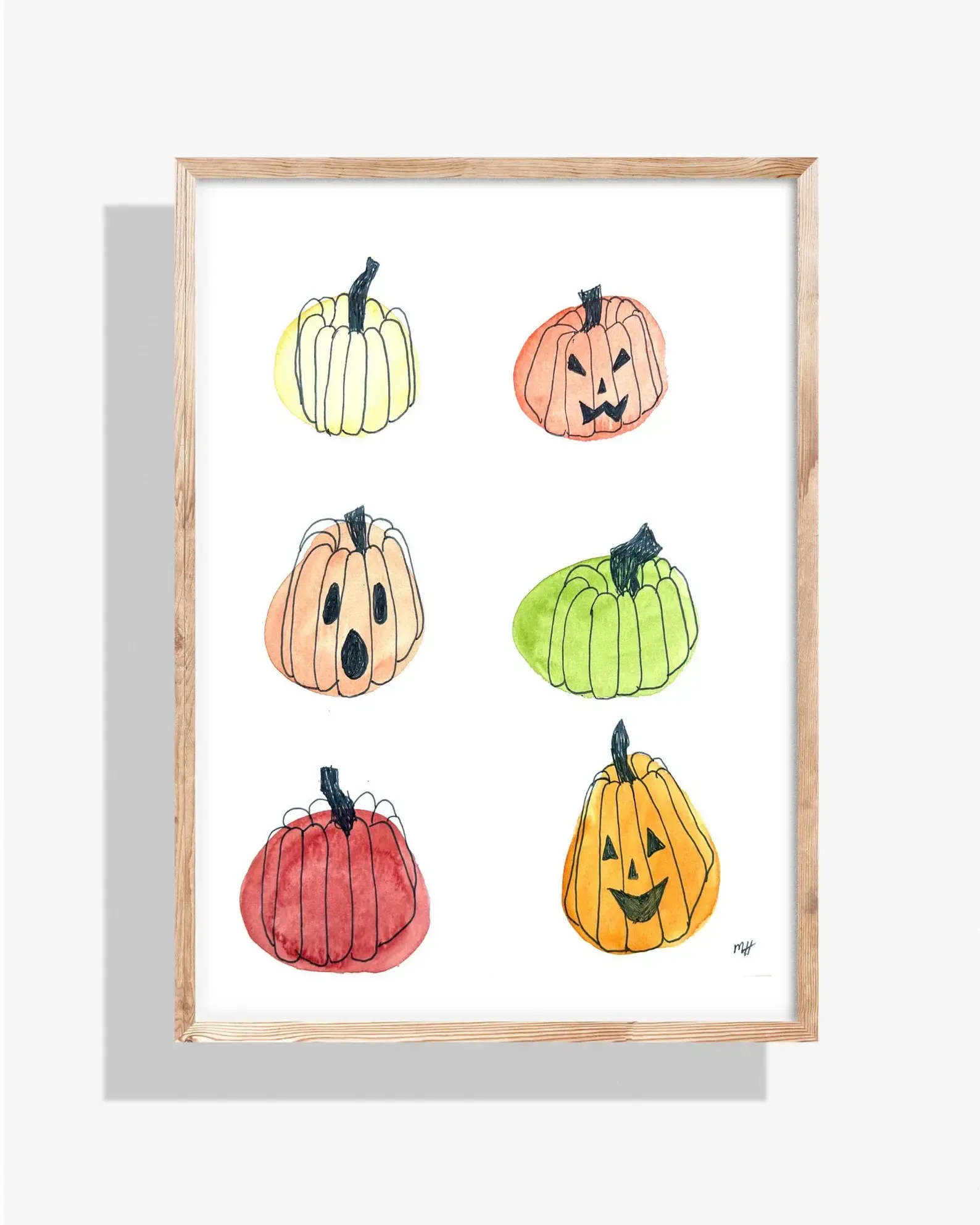 Watercolor painting of six pumpkins in a wooden frame. They are various colors with cartoonish carved faces.