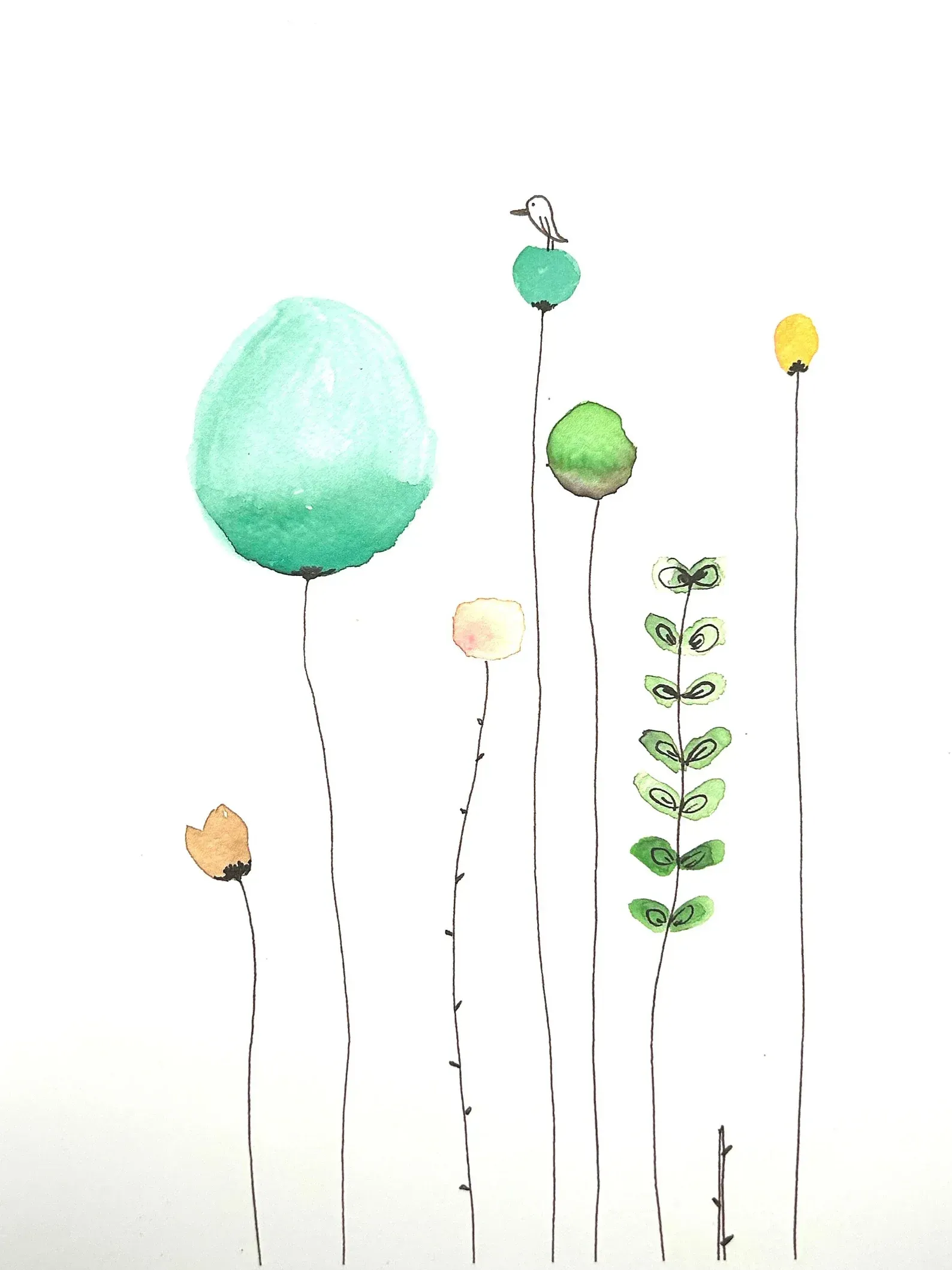 Watercolor illustration of sparse, colorful flowers on thin stems against a white background.