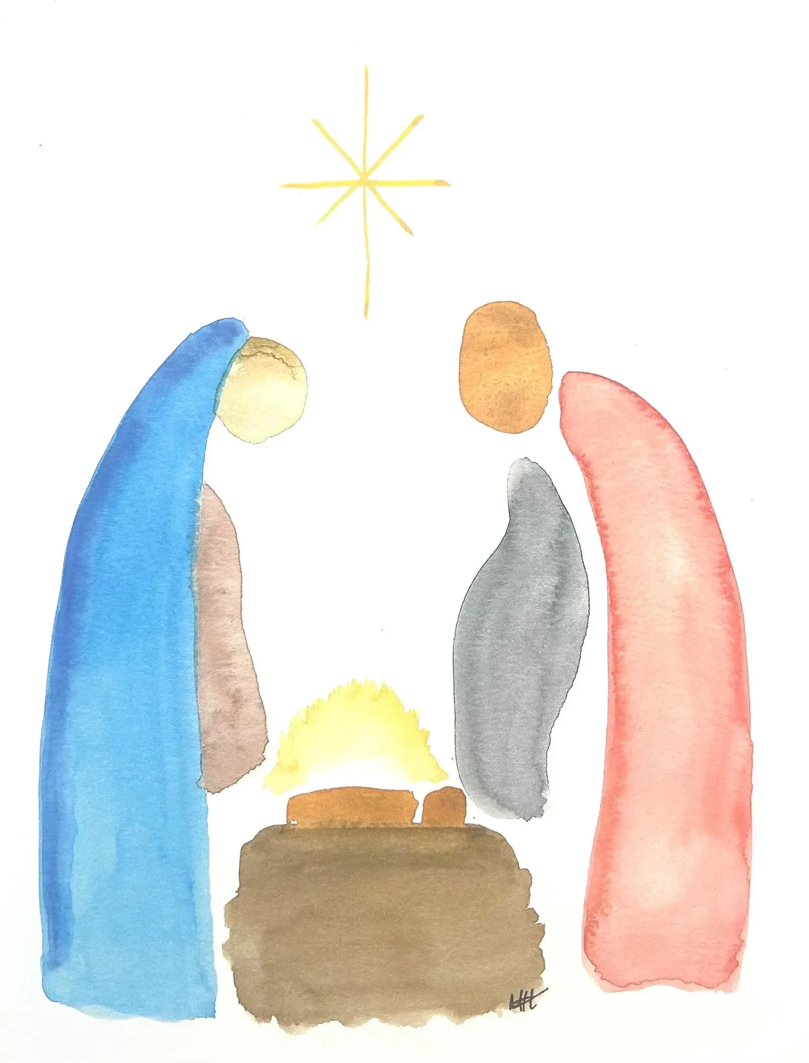 Watercolor depiction of the Nativity scene. Mary and Joseph beside a manger, with a star overhead.