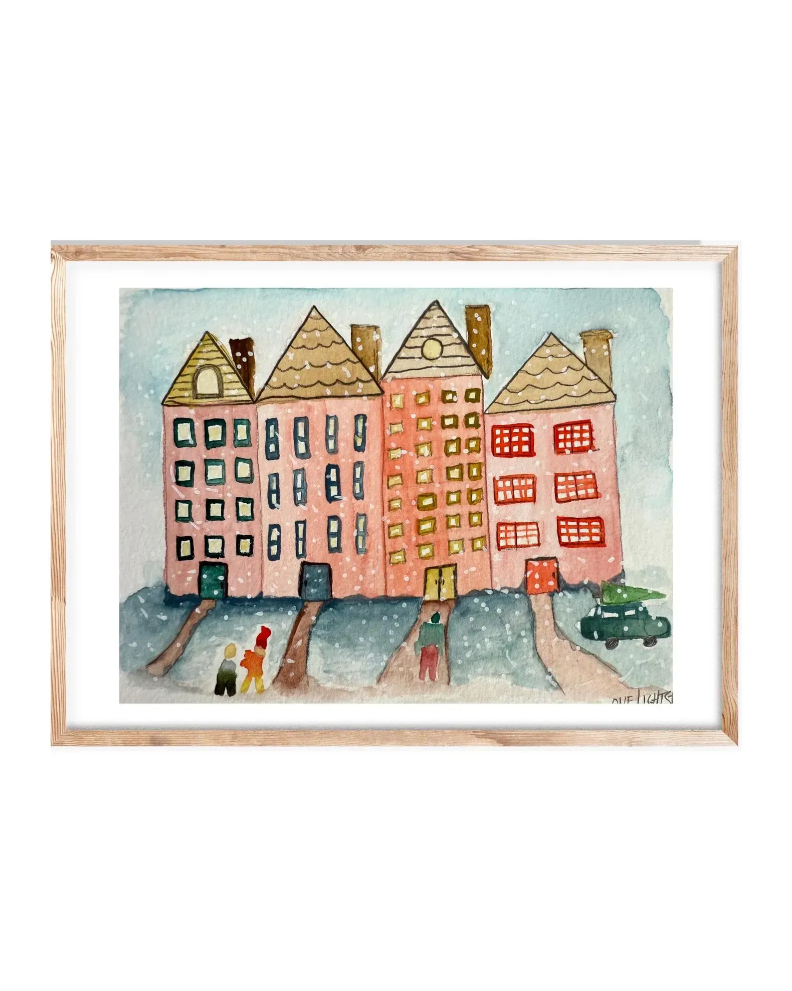 Watercolor painting of pink buildings with people and a car on a snowy street.