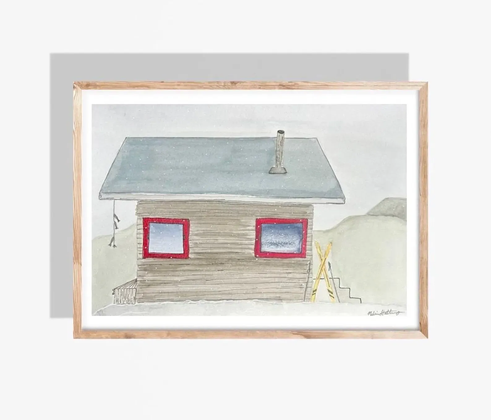 Watercolor painting of a wooden cabin with red-framed windows in a snowy setting.