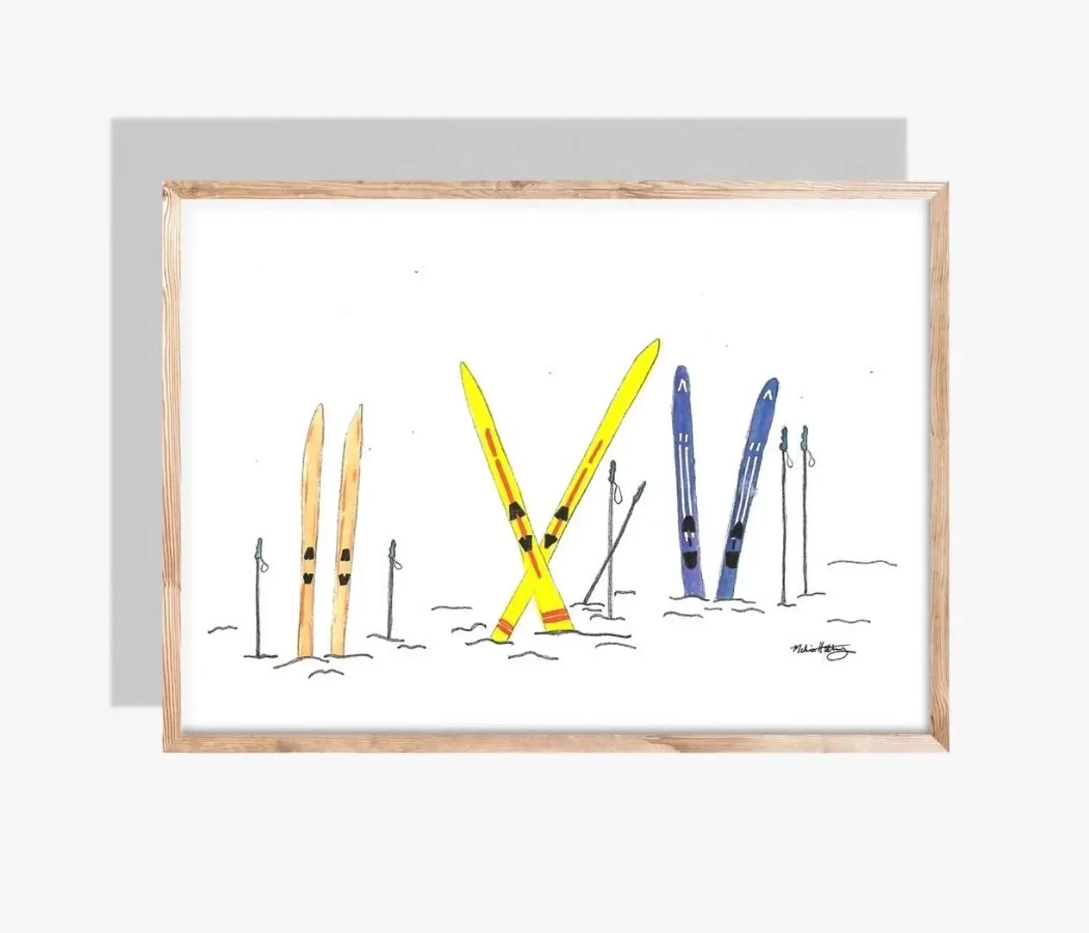 Watercolor art of skis in snow: yellow, blue, and beige skis with poles, inside a wood frame.