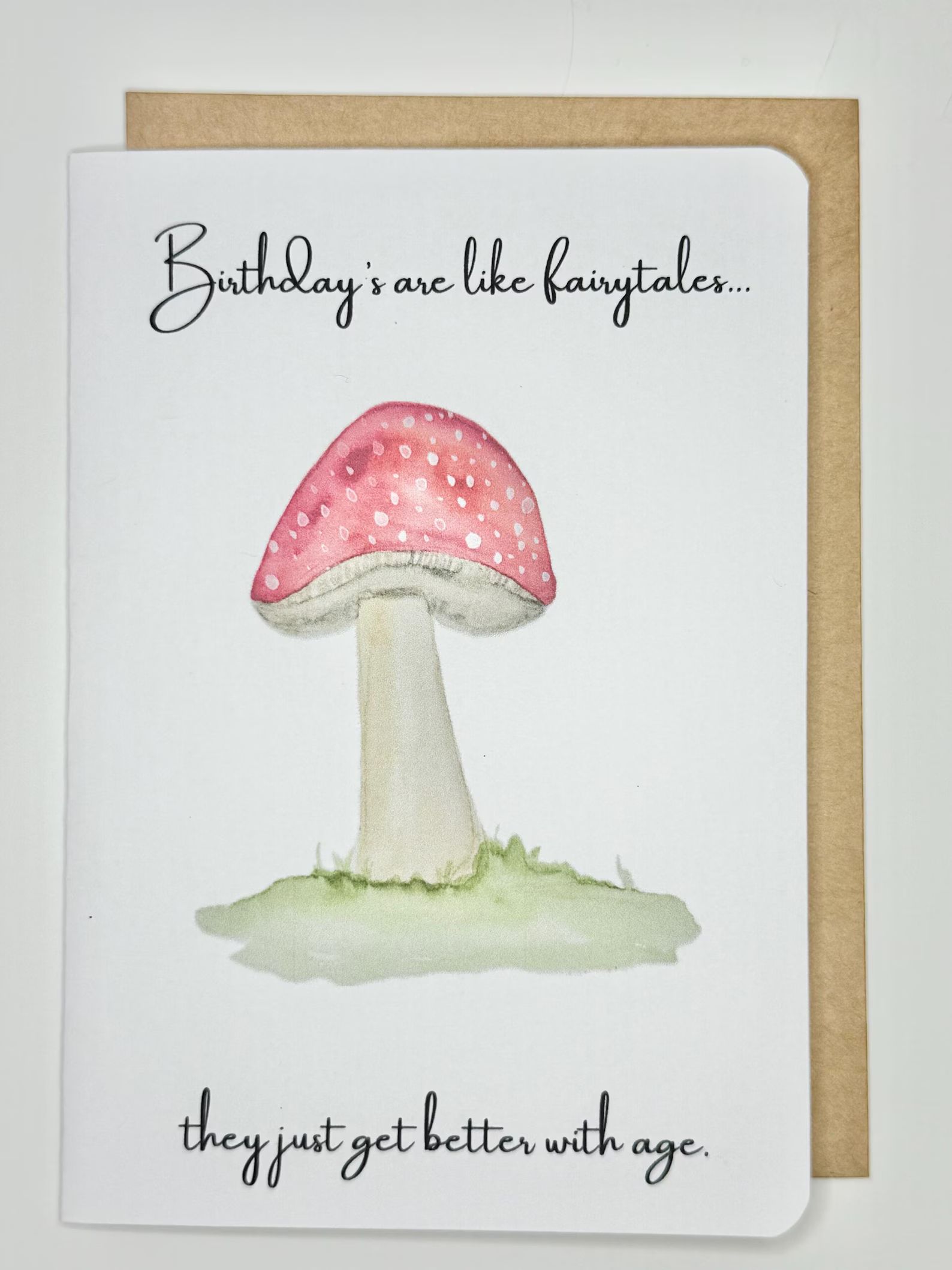 Greeting card with watercolor mushroom and text: 
