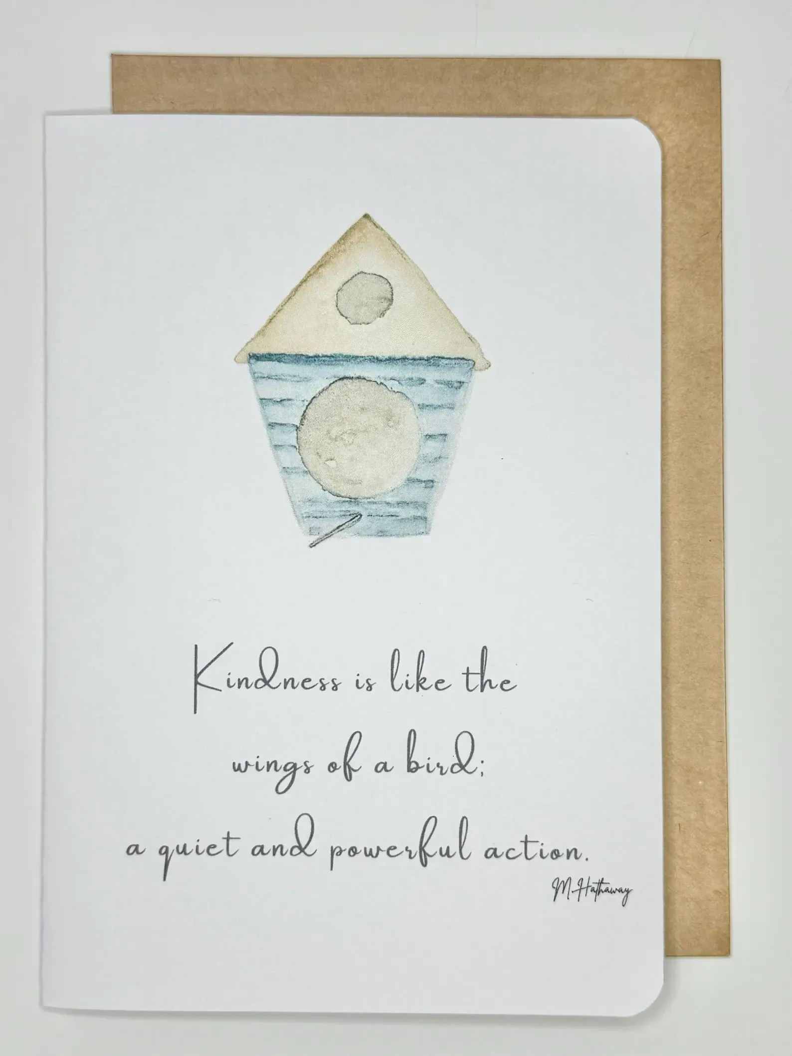 Card with watercolor birdhouse illustration and handwritten text: 