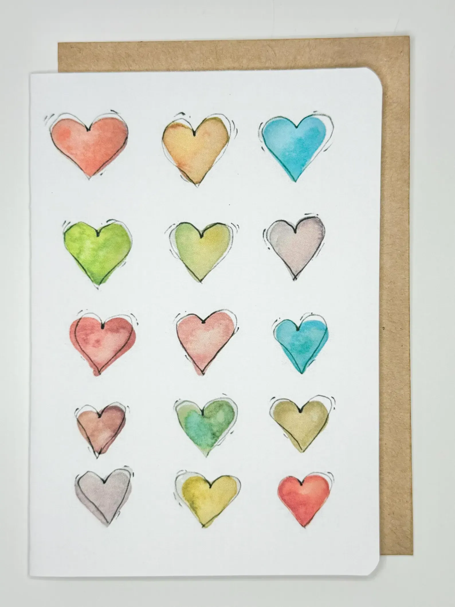 Card with colorful watercolor hearts.