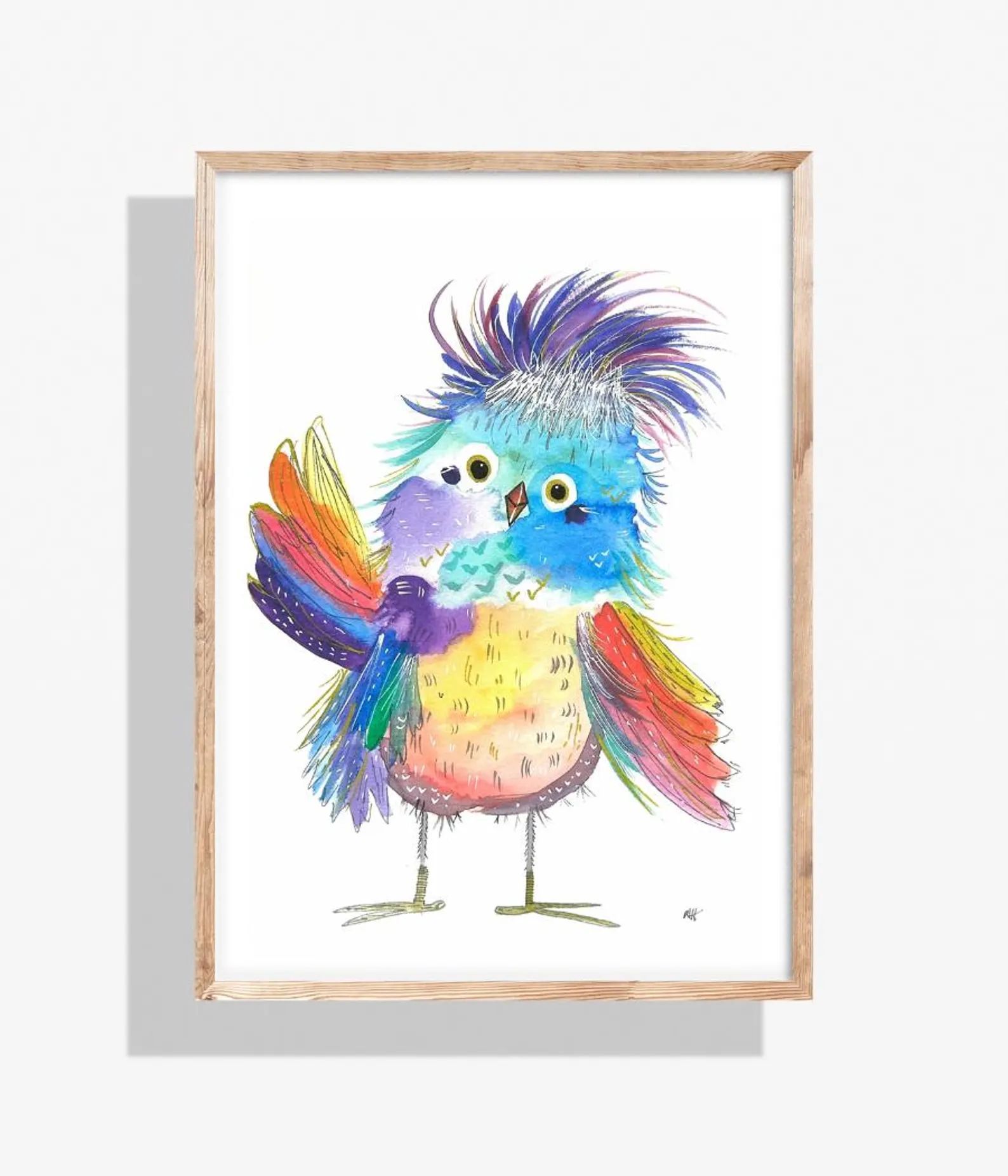 Two colorful, whimsical birds in a wood frame. One hugs the other with its wing; watercolor painting style.