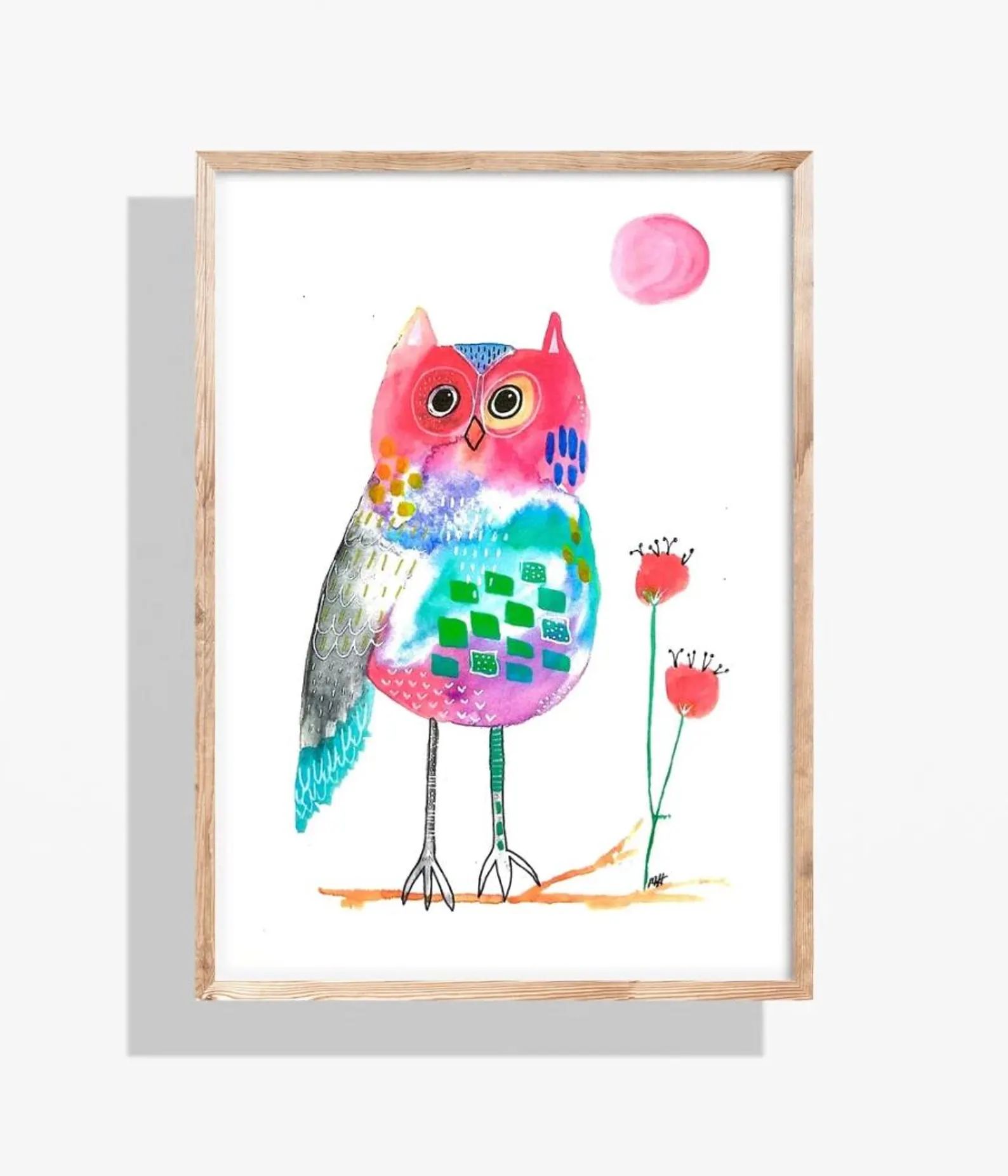 Watercolor owl painting in a wooden frame, pink moon, red flowers on white background.