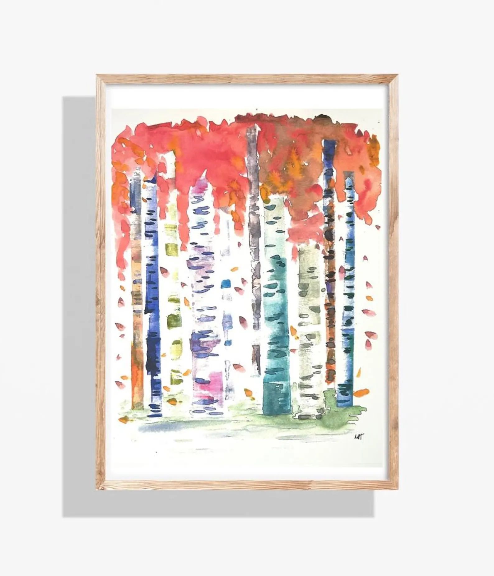 Watercolor painting of colorful aspen trees with red foliage, framed in wood.