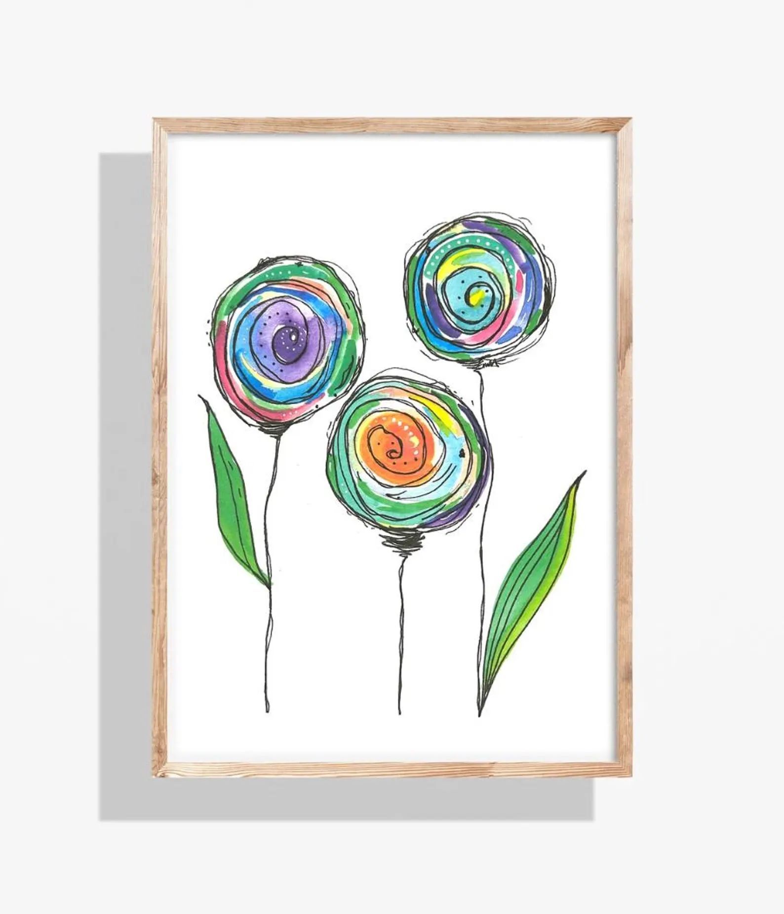 Abstract watercolor flowers in a wooden frame, with colorful spirals and green stems and leaves.