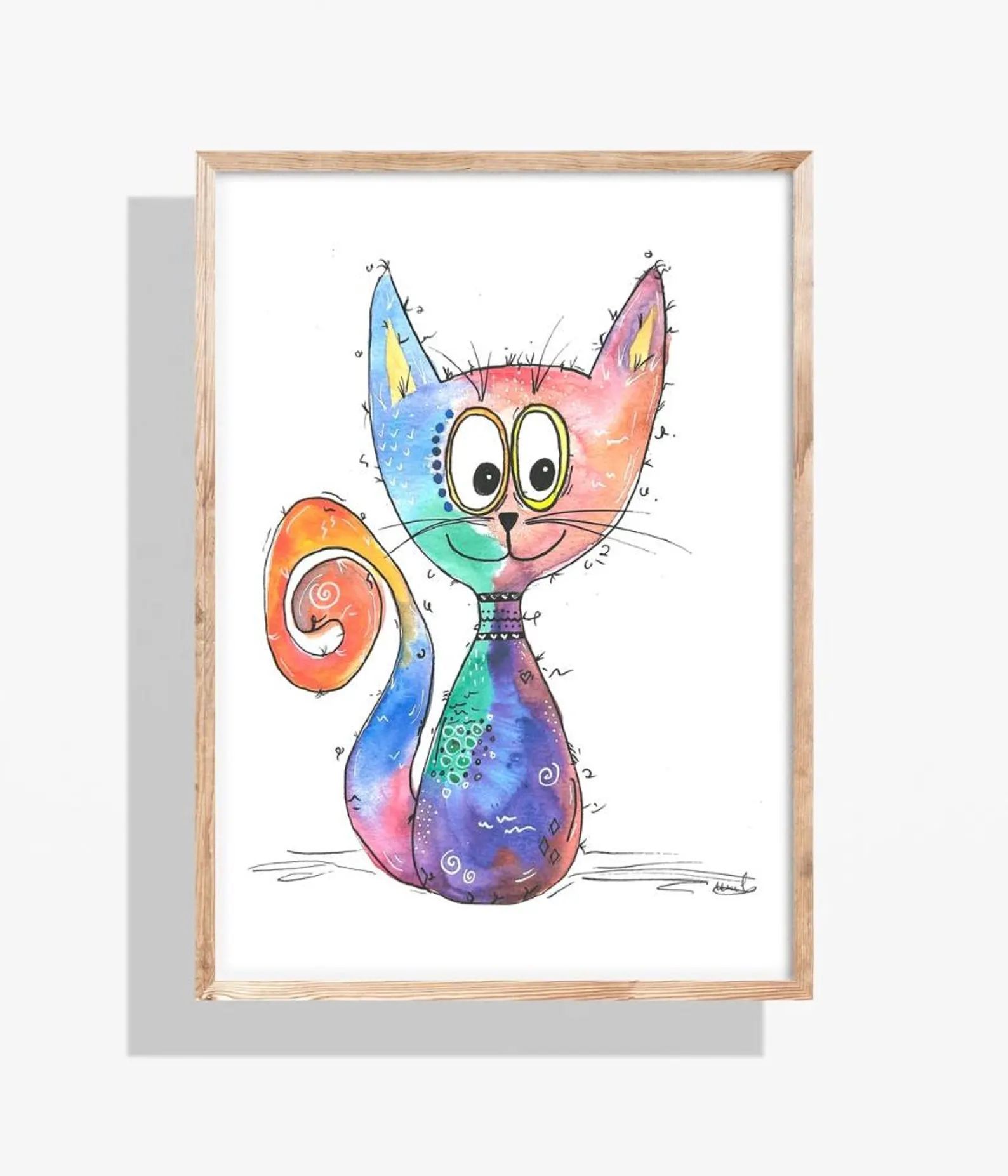 Colorful, whimsical cat drawing in a wooden frame. Features swirls of color, big eyes, and a smiling face.