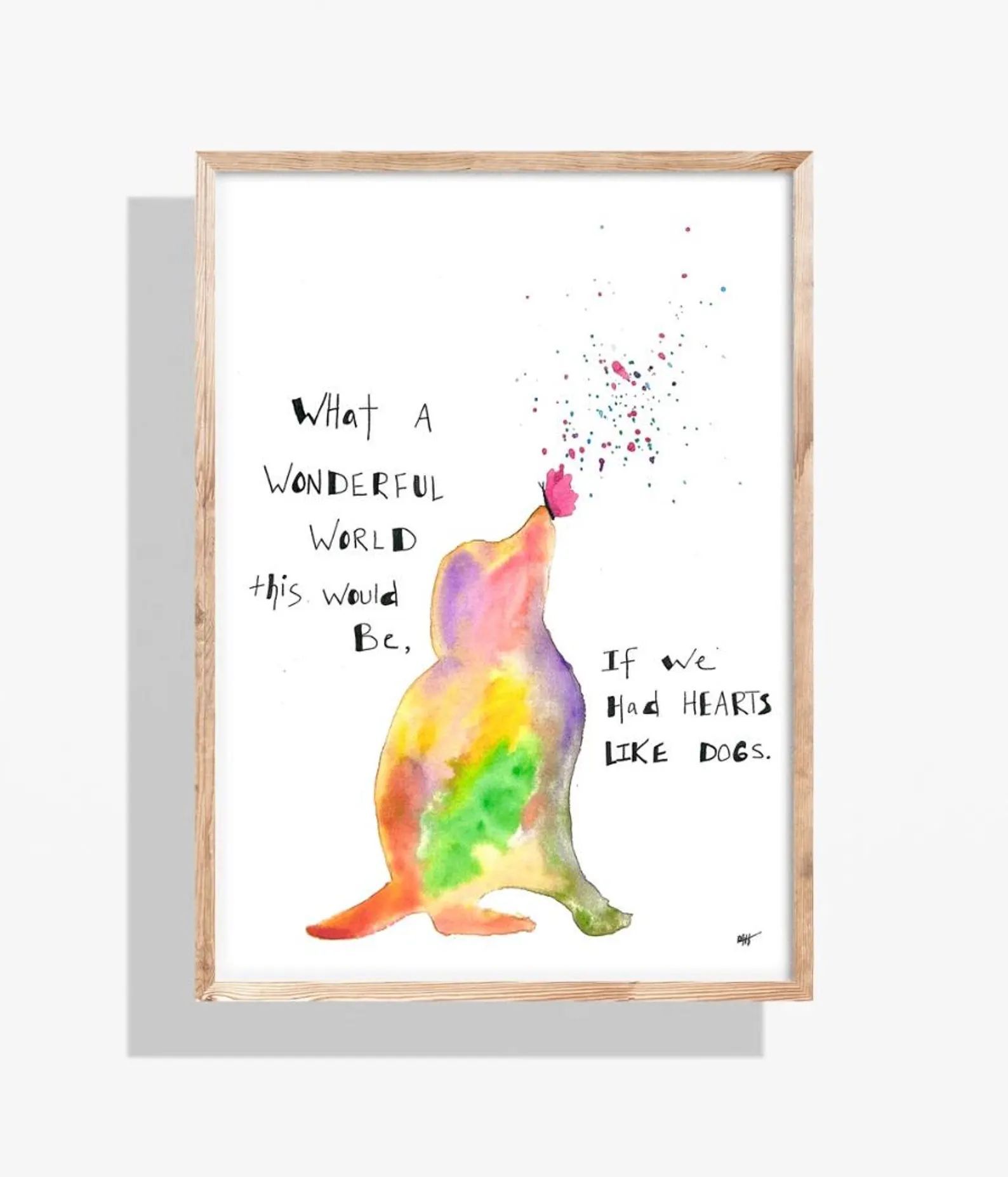 Watercolor illustration of a colorful dog blowing a kiss with text, 