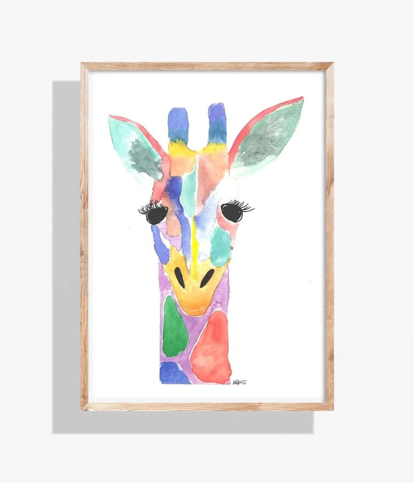Watercolor giraffe portrait with colorful geometric shapes in a wooden frame.
