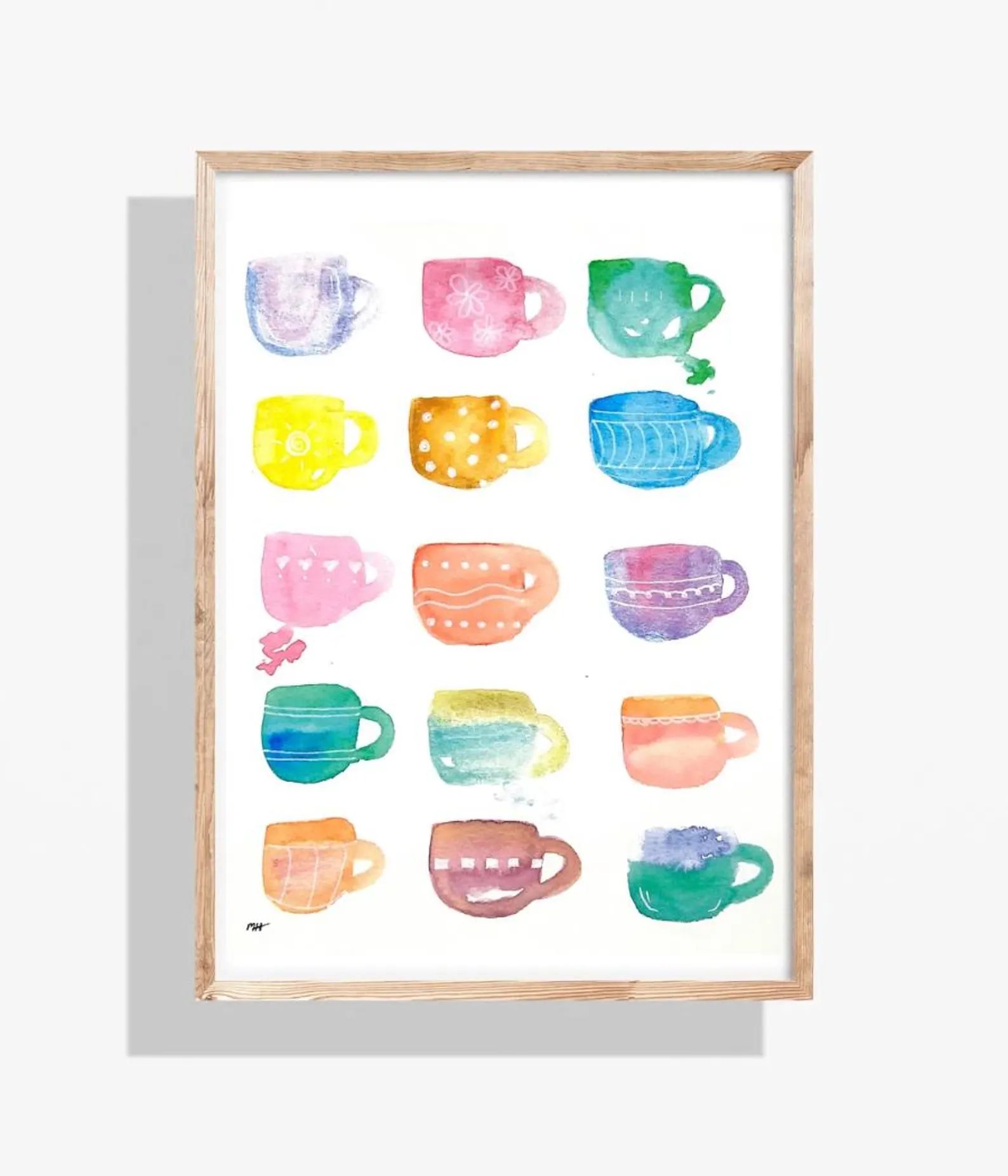 Watercolor painting of 16 colorful teacups in a wood frame, arranged in rows, against a white background.