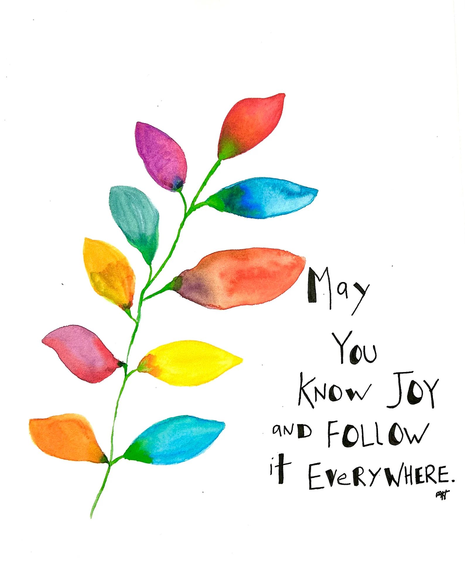 Watercolor art print: Colorful leaf with text 