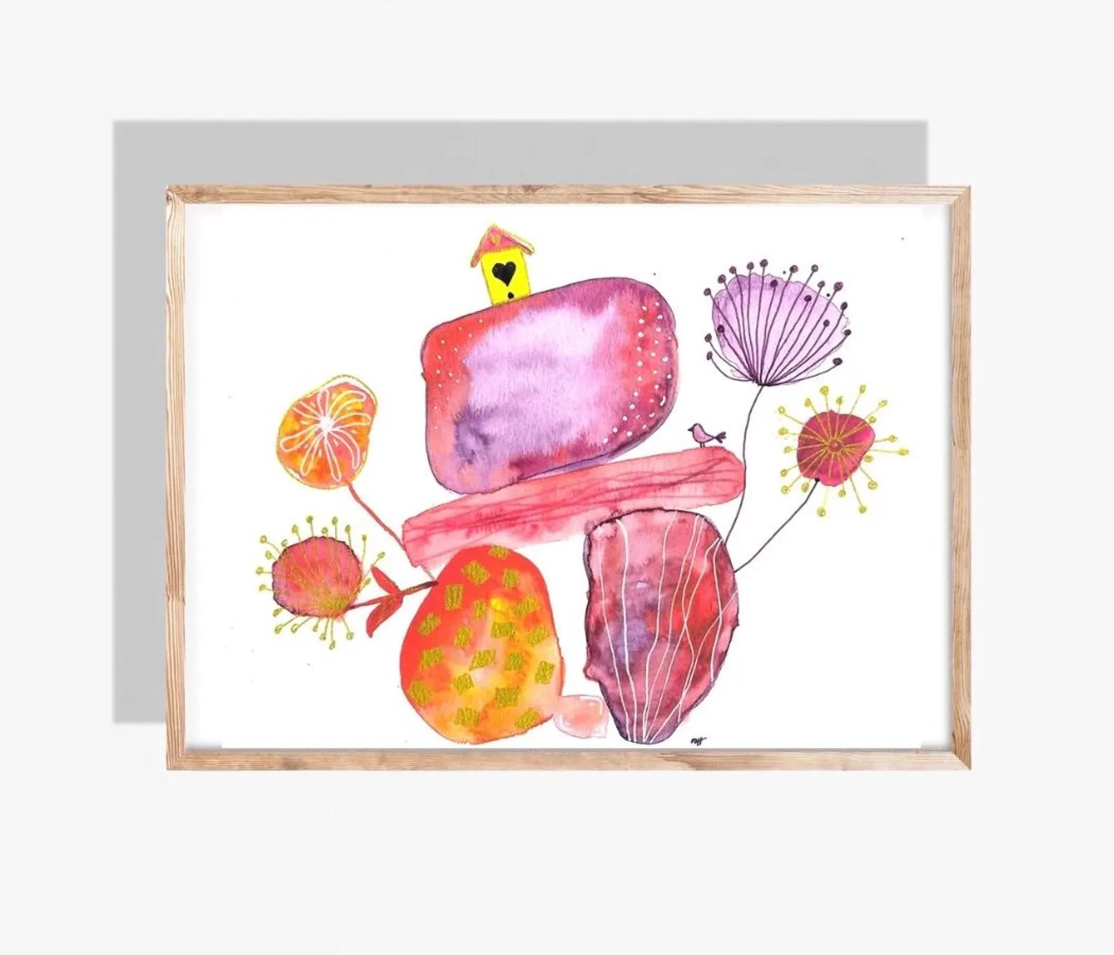 Watercolor art: stacked red and orange shapes with floral accents, birdhouse, and a wooden frame.