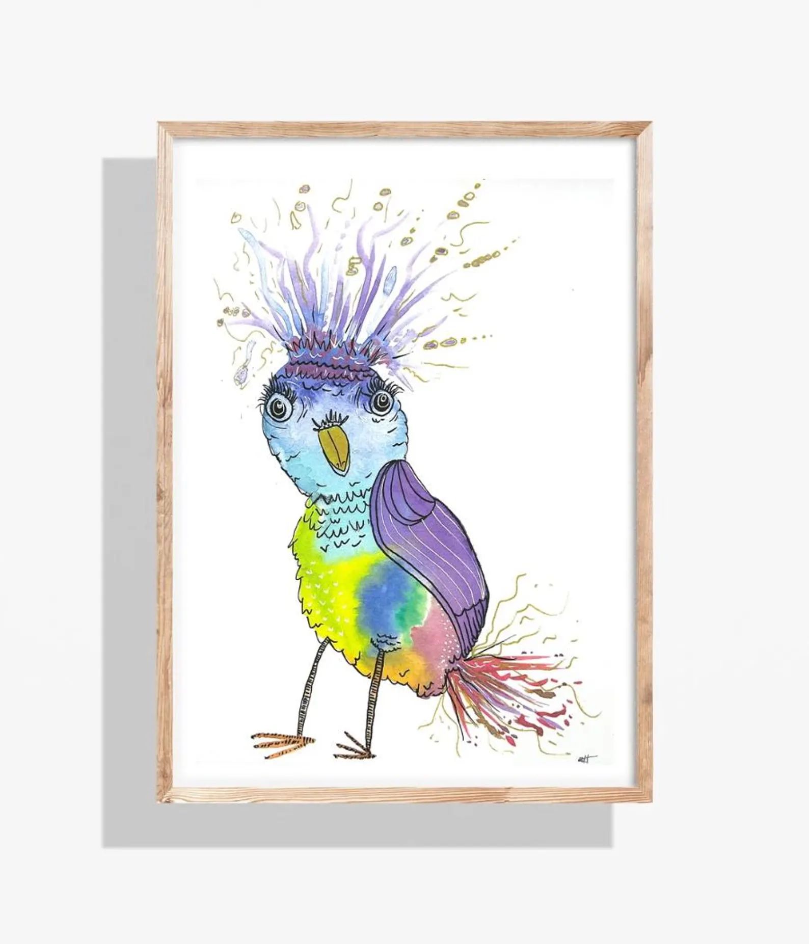 Colorful cartoon bird with a purple crown and a quirky expression, framed in wood.