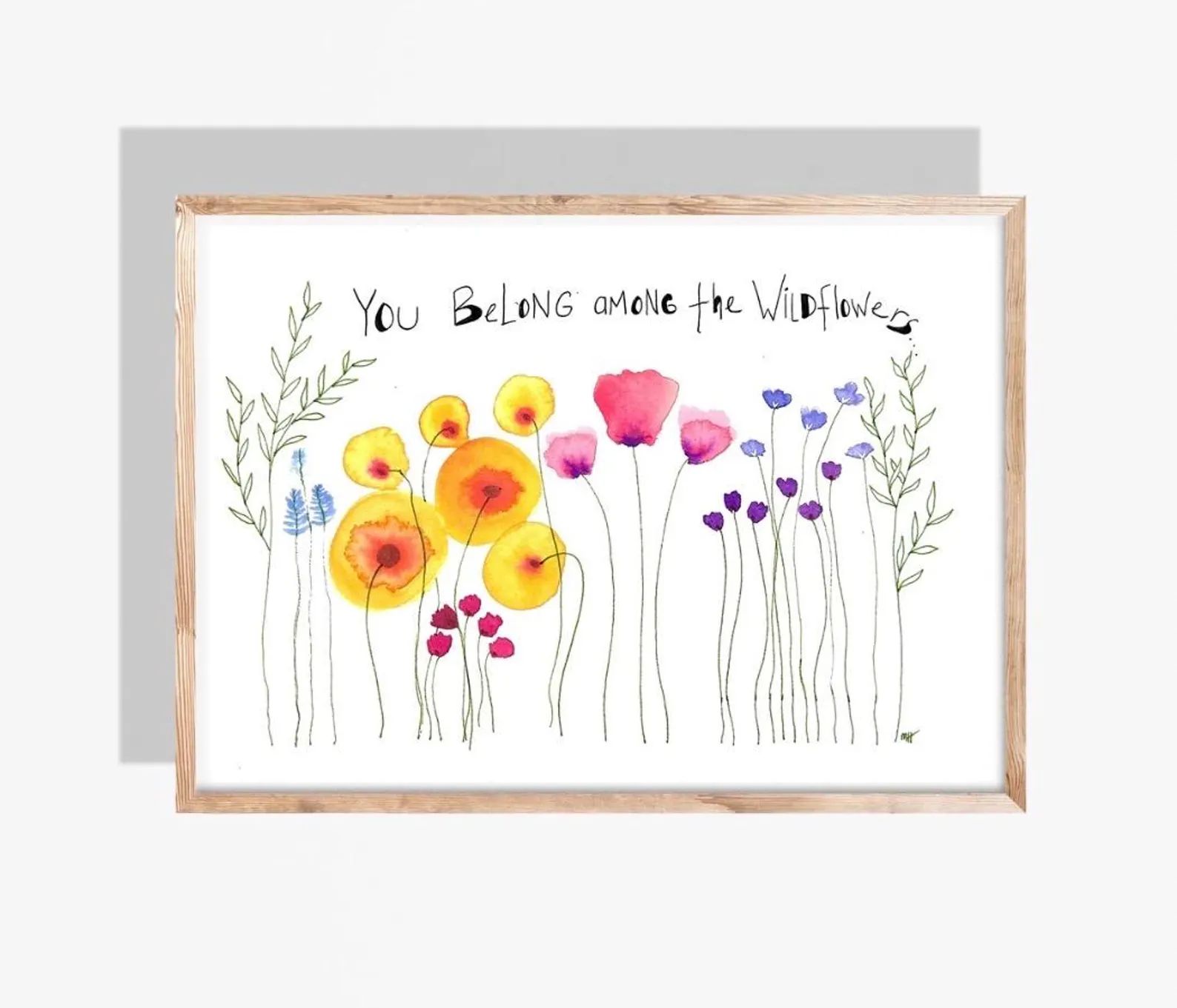 Watercolor art of colorful wildflowers in a wooden frame, with text 
