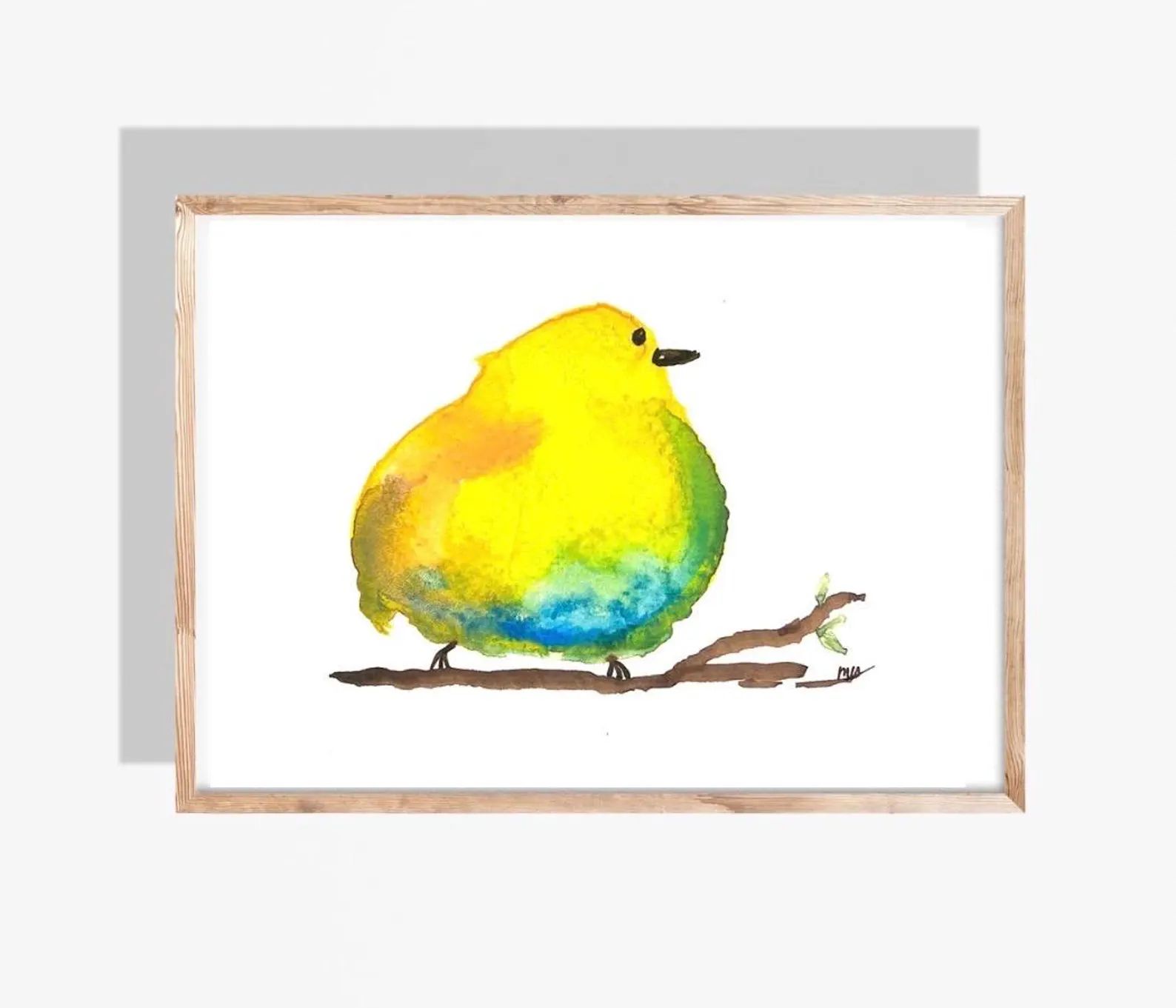 Yellow watercolor bird perched on a brown branch, inside a wooden frame.