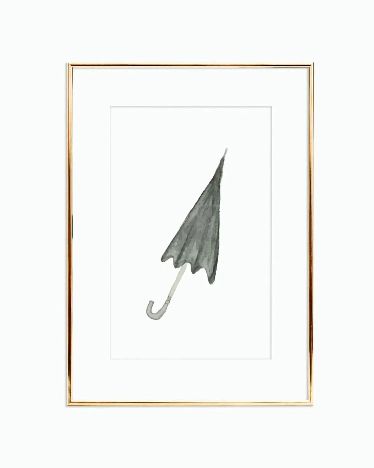 Watercolor drawing of a closed, black umbrella against a white background, framed in gold.