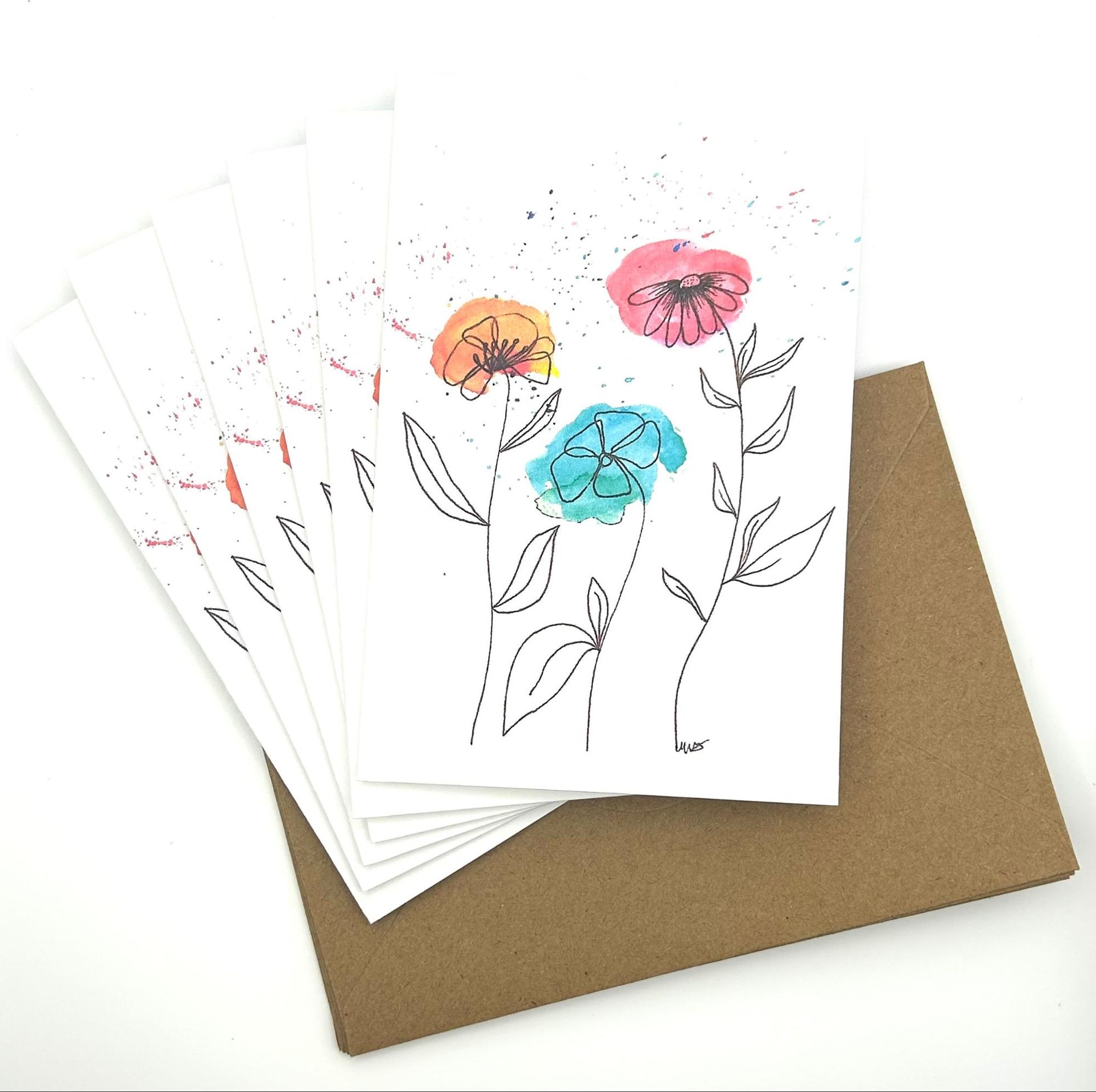 Watercolor floral cards with brown envelope.