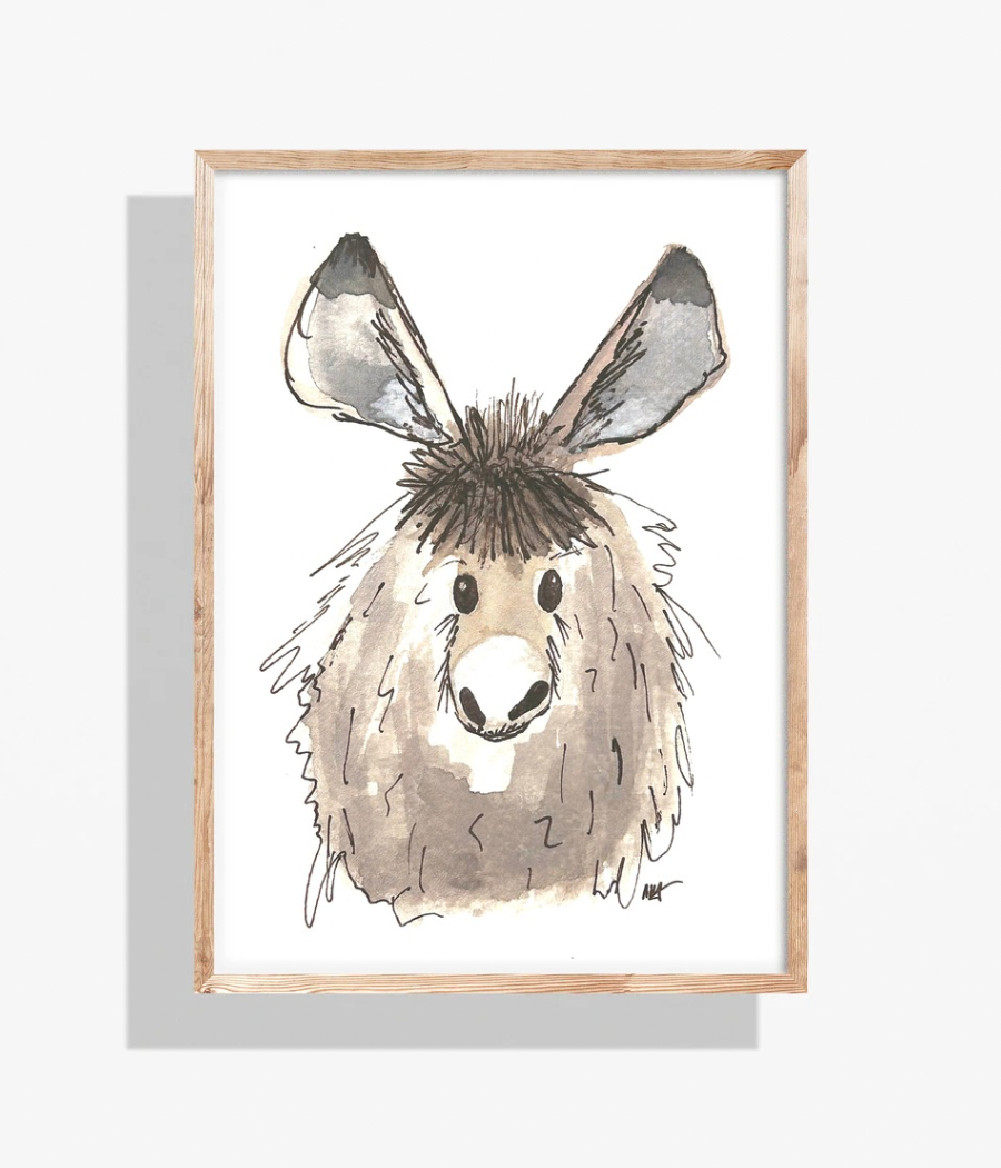 Watercolor illustration of a donkey framed in wood. The donkey has fluffy brown fur and long ears.