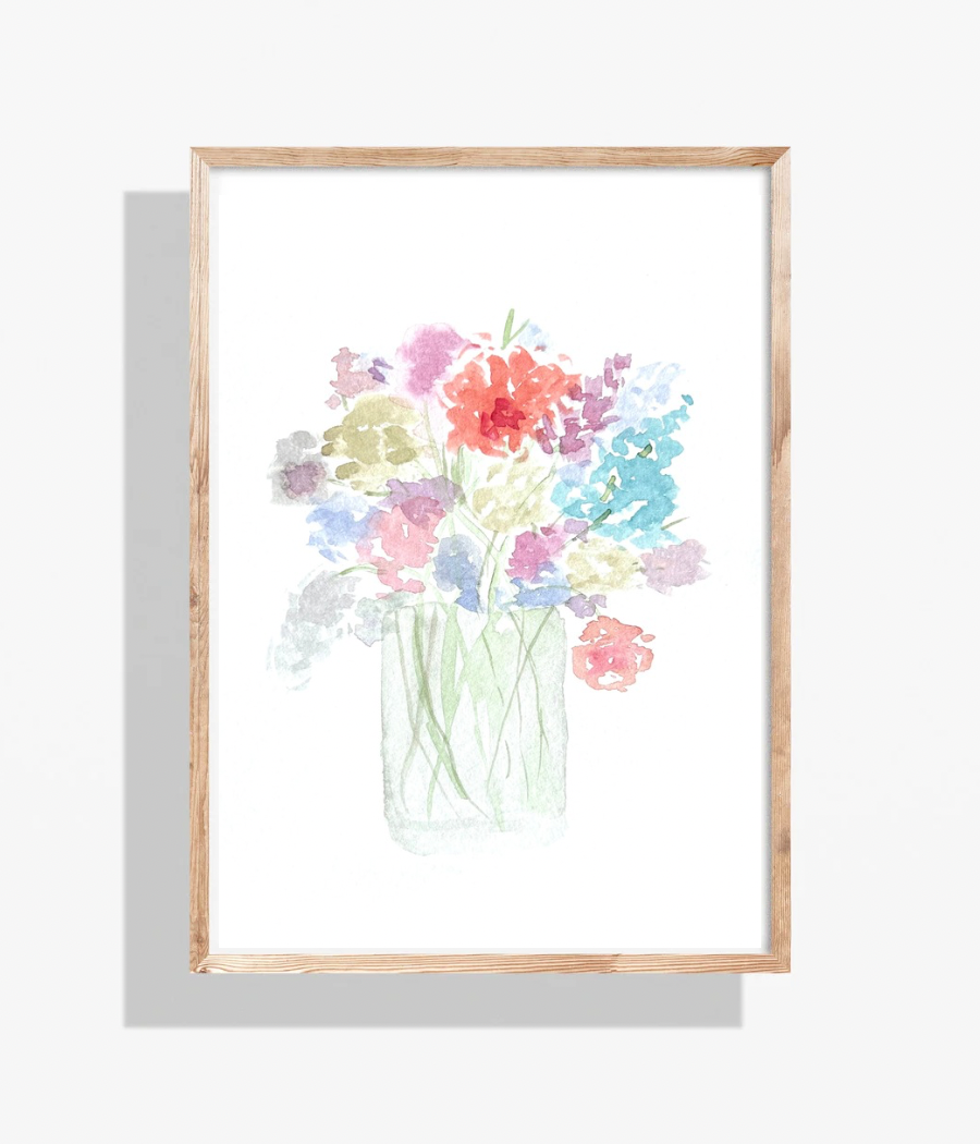 Watercolor floral bouquet in a glass vase with pastel colors, framed in wood.