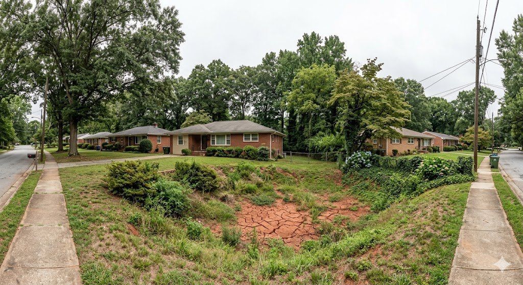 Large bowl-shaped yard depression with cracked red clay soil in front of older brick ranch home in Decatur GA