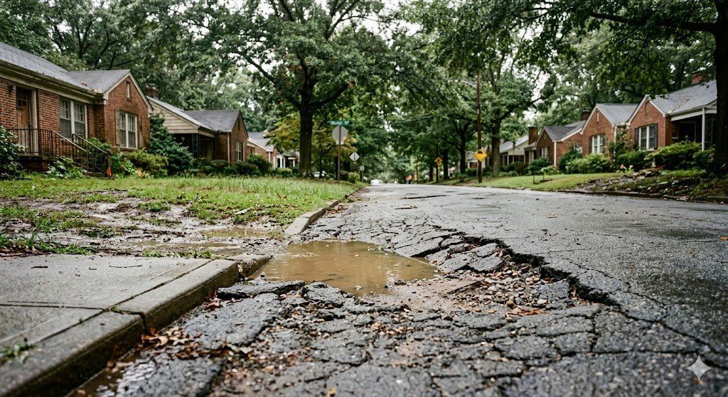 Cracked and sunken street pavement with standing water in older Decatur GA neighborhood indicating sinkhole activity