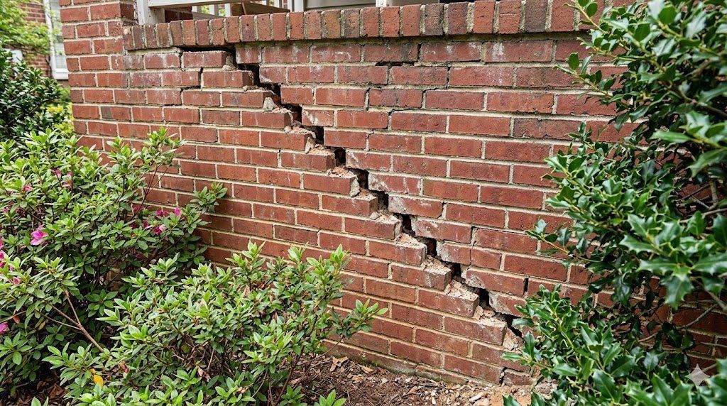 Severe stair-step crack in brick foundation wall of Decatur GA home caused by subsurface sinkhole void and settling
