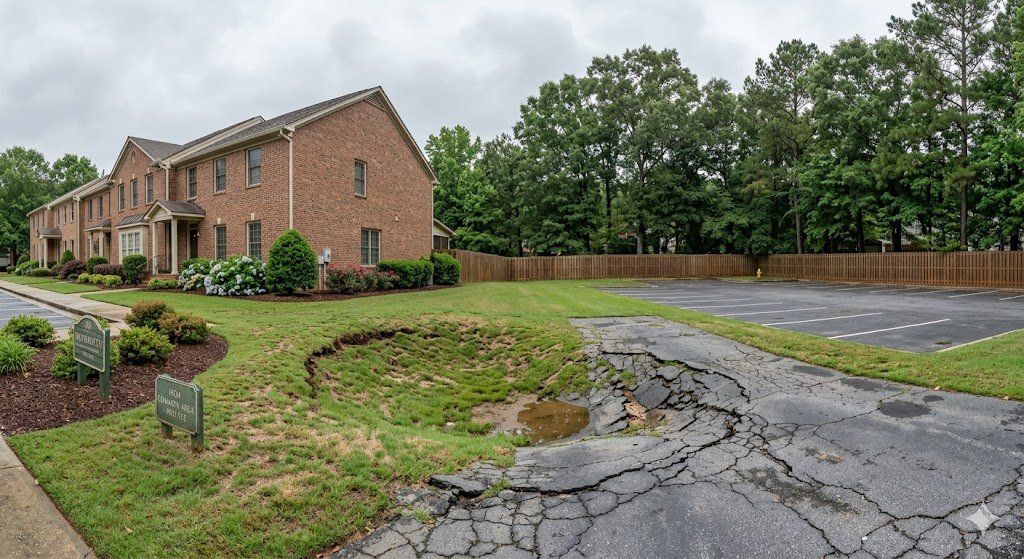 Atlanta HOA community parking lot sinkhole damage with cracked asphalt and ground depression near brick buildings