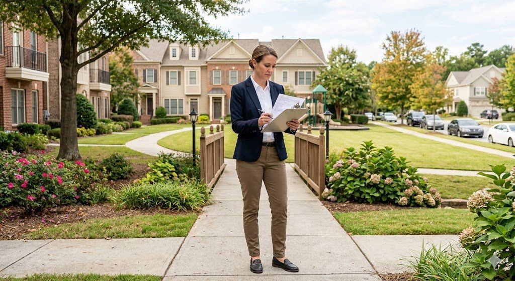 Property manager reviewing HOA inspection documents on community walkway in suburban Atlanta Georgia neighborhood
