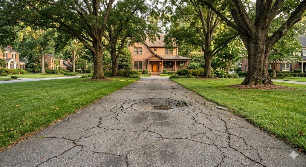 Severely cracked asphalt driveway in older Atlanta GA neighborhood showing trash pit sinkhole warning signs
