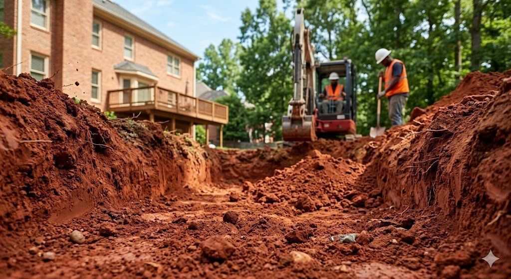 Suburban Atlanta backyard with red clay soil ground depression caused by buried construction debris