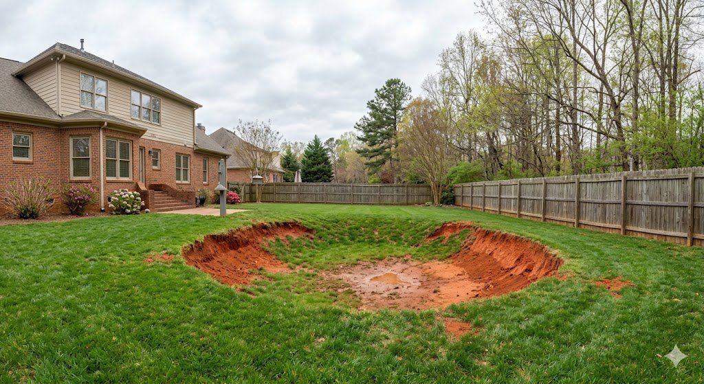 Large ground collapse exposing red clay soil in suburban Atlanta GA backyard caused by buried construction debris