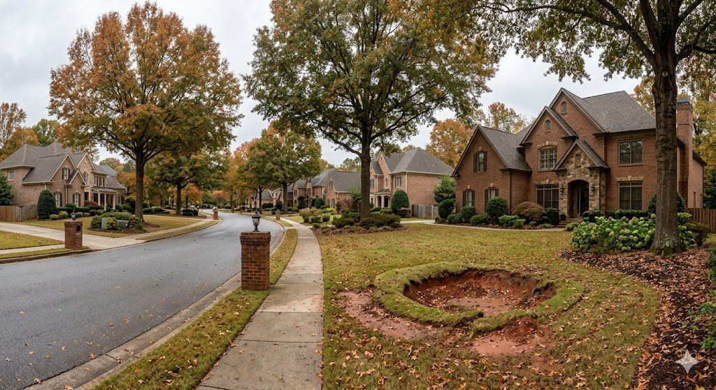 Large bowl-shaped sinkhole ground collapse in front yard of upscale Roswell GA neighborhood near brick entry pillar
