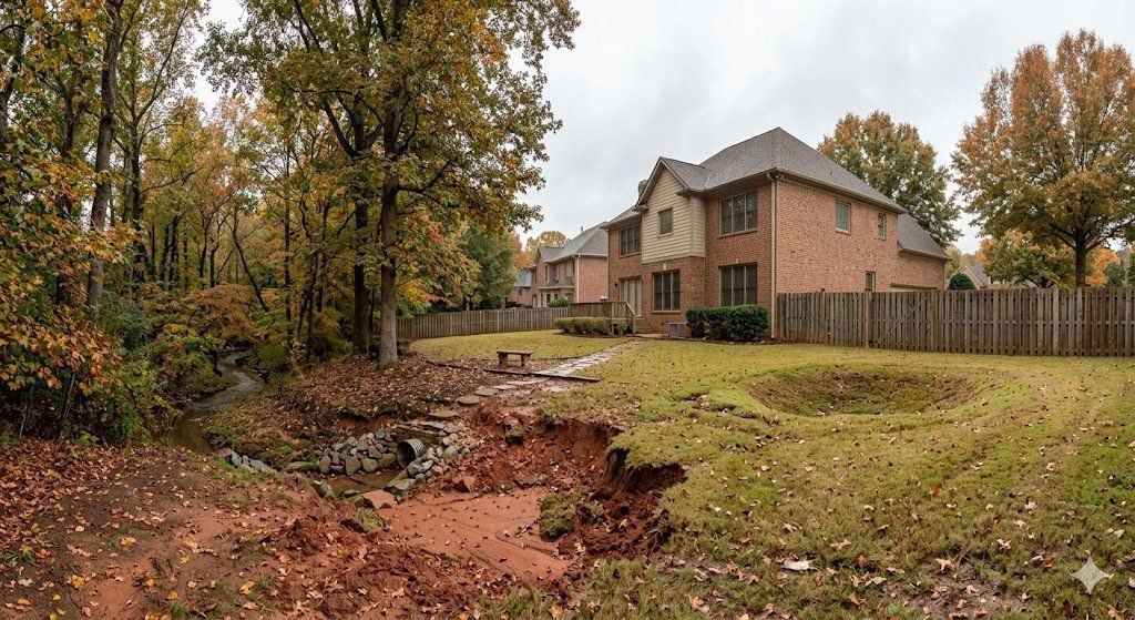 Severe creek corridor erosion and backyard sinkhole collapse at Roswell GA residential property near Vickery Creek