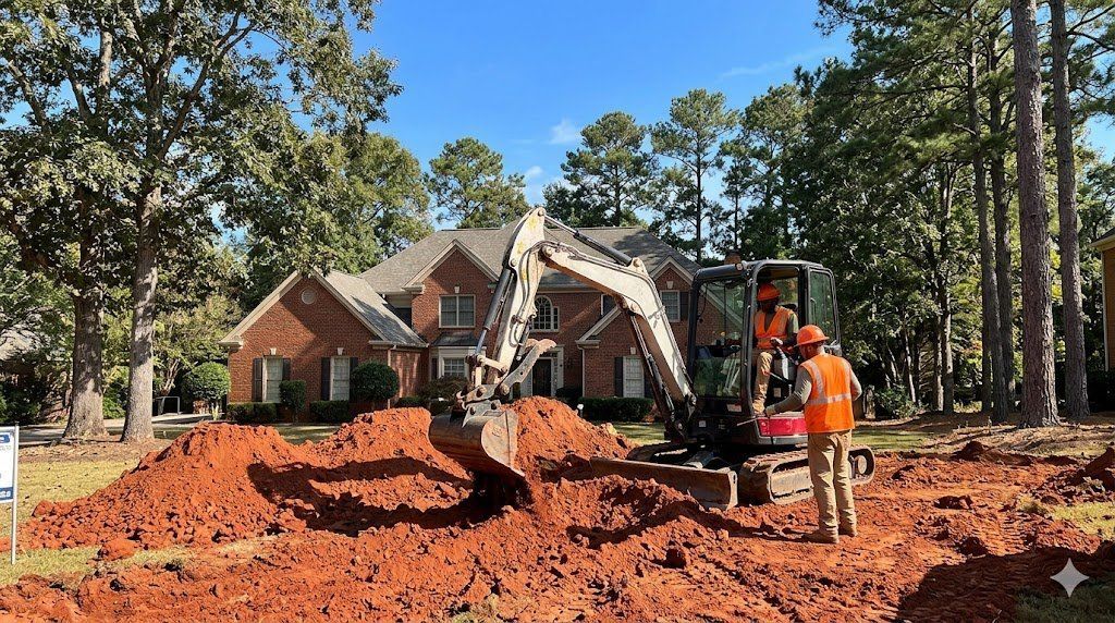 Sinkhole Repair ATL excavation crew with mini excavator remediating subsurface void in red clay soil at Roswell GA home
