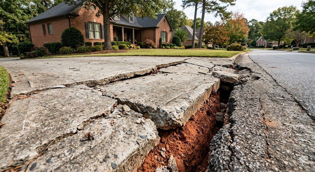 Severely cracked and collapsed concrete driveway in Sandy Springs GA neighborhood exposing red clay soil beneath surface
