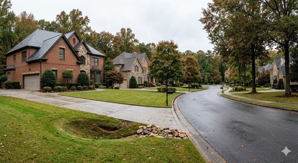 Upscale Sandy Springs GA residential neighborhood showing ground depression near curb indicating sinkhole activity