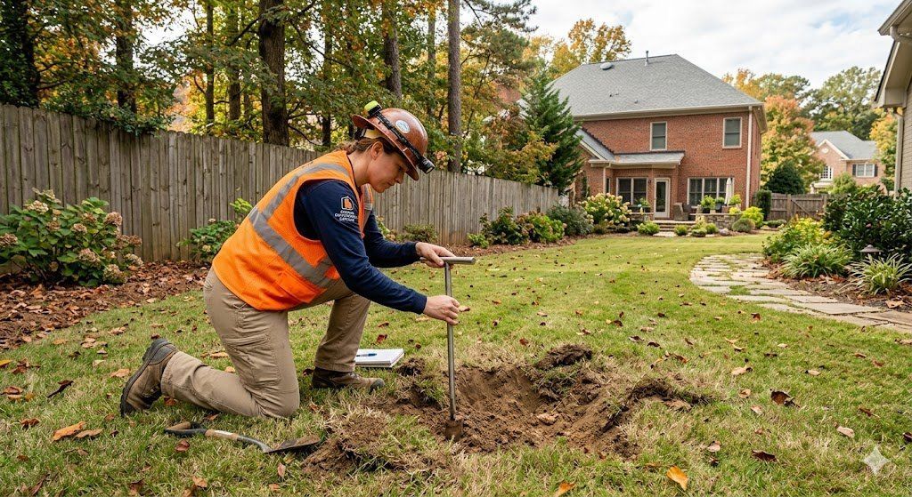 Licensed sinkhole inspector kneeling to probe ground depression in Sandy Springs GA residential backyard