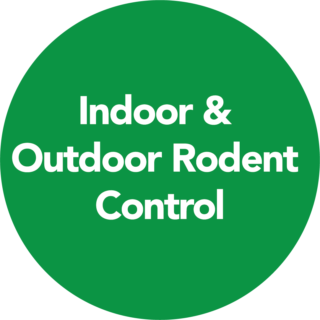 A green circle with the words `` indoor and outdoor rodent control '' written inside of it.