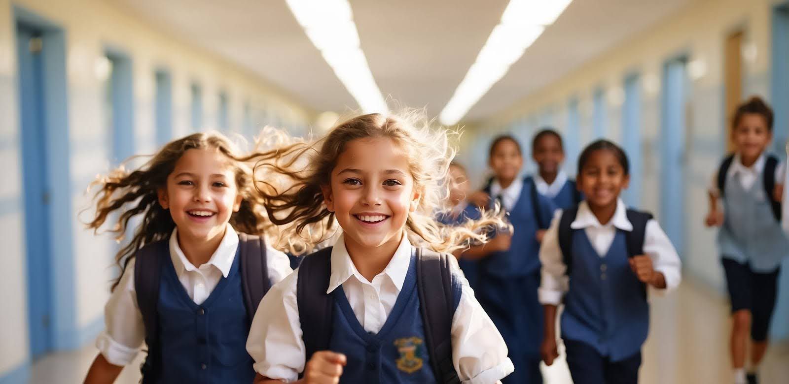 Happy children in school uniforms run through the hallway of a school