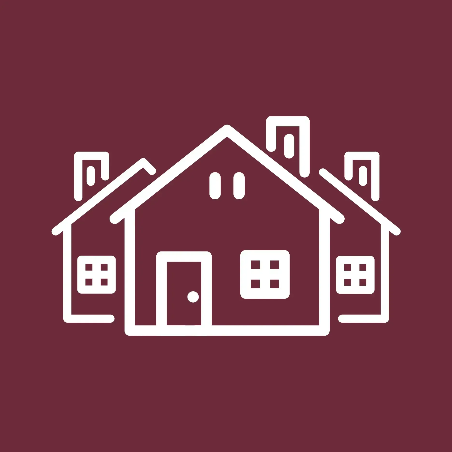 A line drawing of three houses on a maroon background.